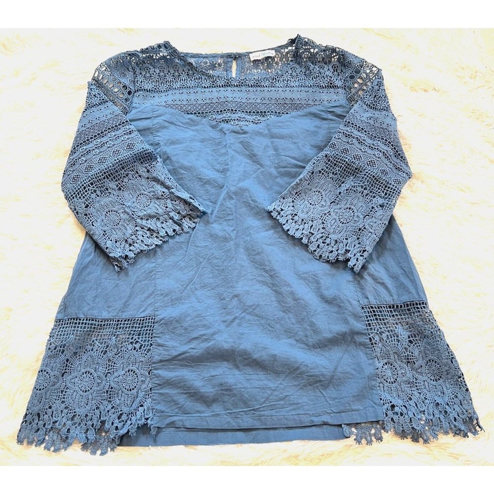 A DIp of Darling Womens Blouse Large Blue Crochet Peasant Boho Flowy‎ Top 13519